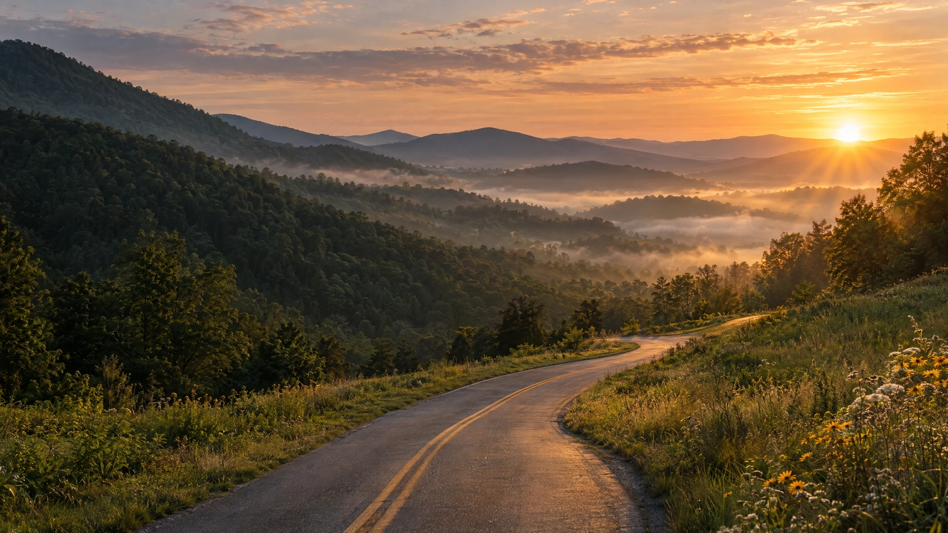 A winding road through the mountains opening toward a golden sunrise