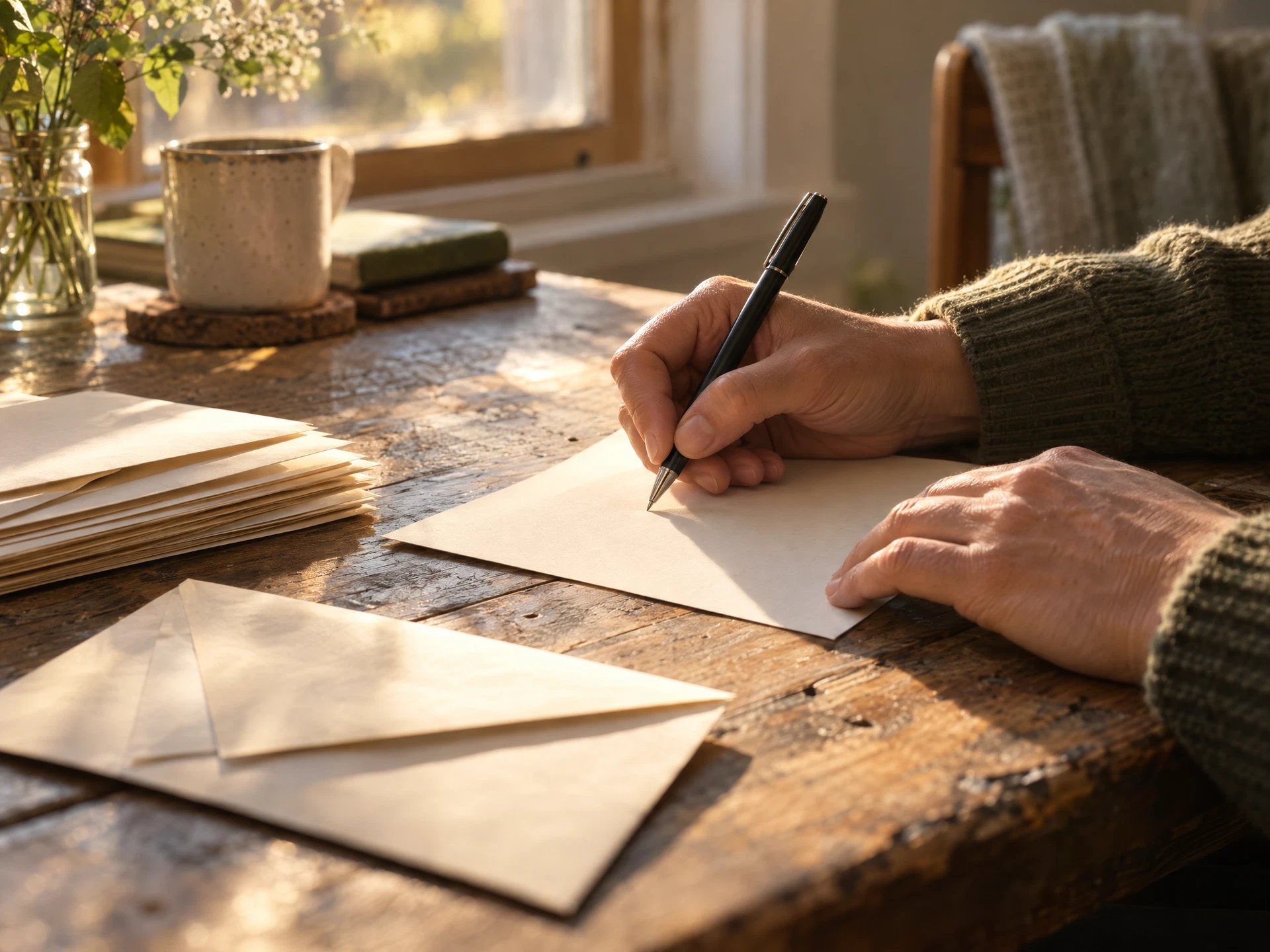 Hands writing a personal letter on a wooden table in warm morning light